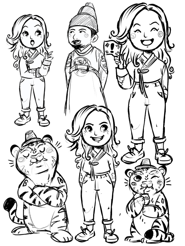 recherches croquis ophelie jiho personnages